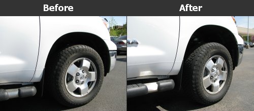 The before and after pictures of a 3" leveling kit on a Toyota Tundra