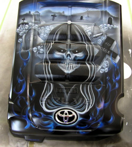 Check out the intricately airbrushed engine cover on this Tundra.